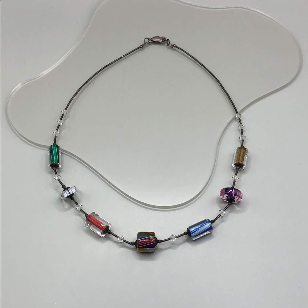 Vintage sterling silver 925 liquid chain necklace art glass lamp work bead boho.